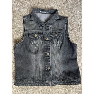 Allegra K Women's Black Sleeveless Denim Vest Size M Button Up Jean Jacket